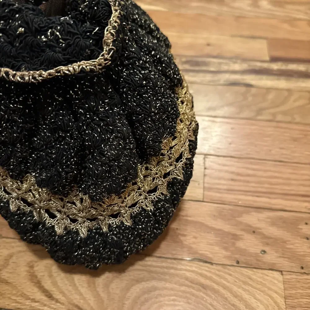 Vintage Black and Gold Metallic Draw String Evening Bag Clutch Purse DAMAGES